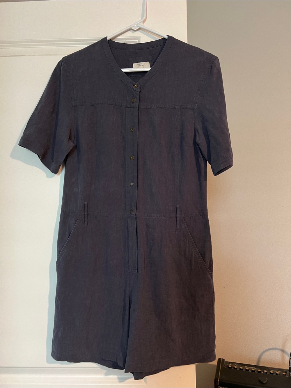 Wrap London - Women’s Short Sleeve Navy Button-Front Linen Romper